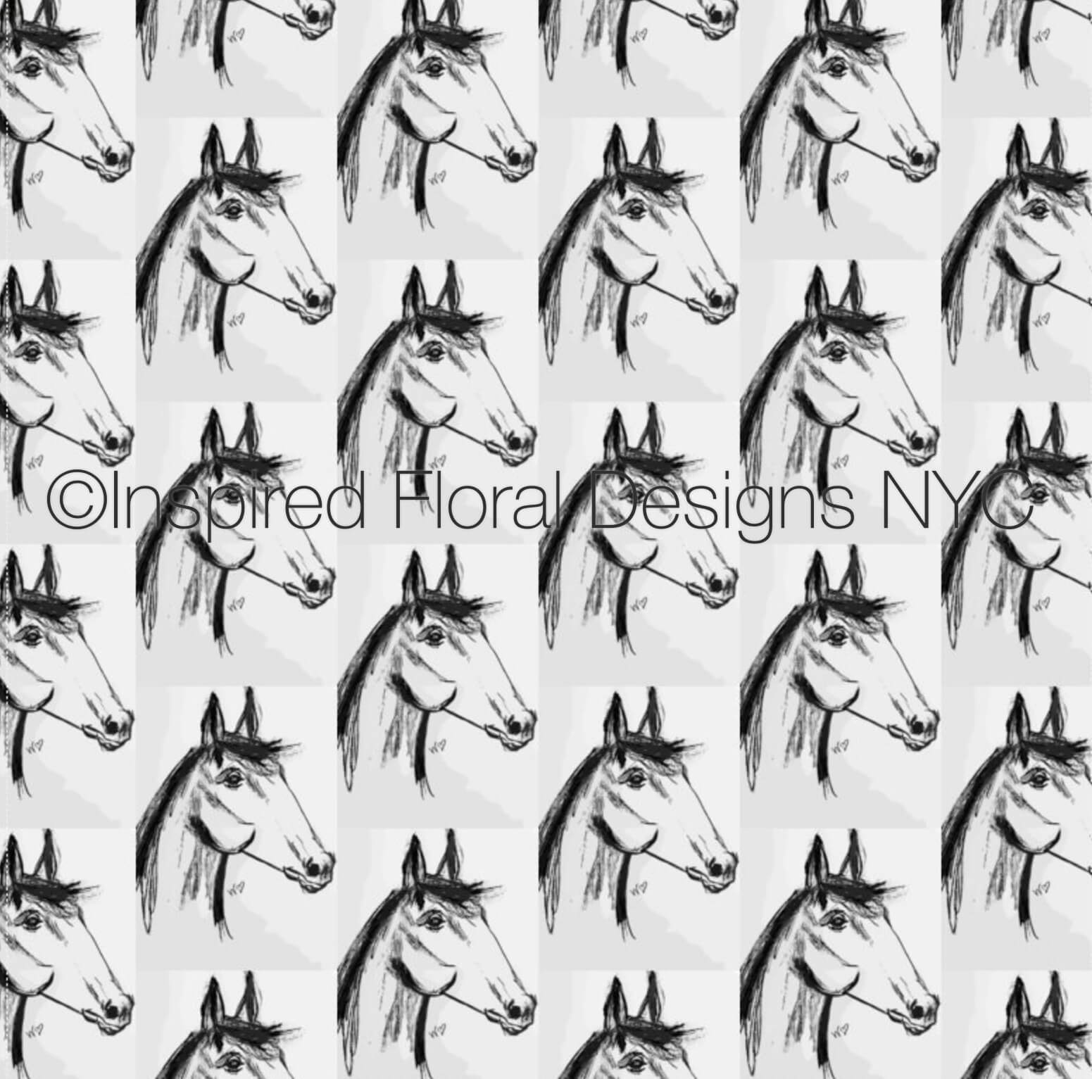 A repeating pattern of black ink-style horse head sketch by Whitney at Inspired Floral Designs NYC LLC on a white background, with a visible watermark reading 'Inspired Floral Designs NYC' across the center. Copyright