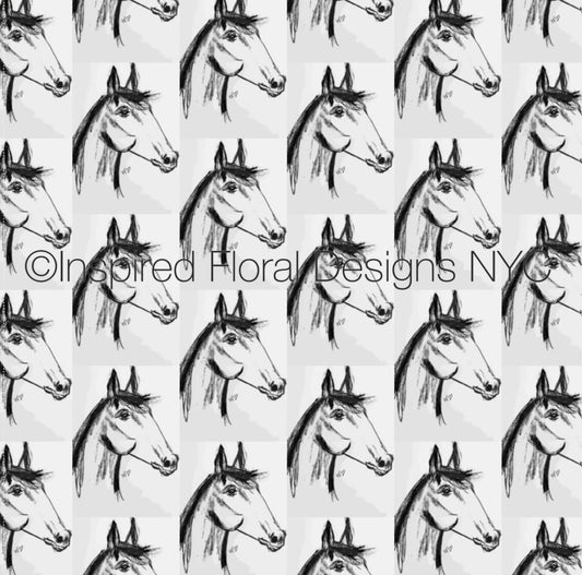 A repeating pattern of black ink-style horse head sketch by Whitney at Inspired Floral Designs NYC LLC on a white background, with a visible watermark reading 'Inspired Floral Designs NYC' across the center. Copyright