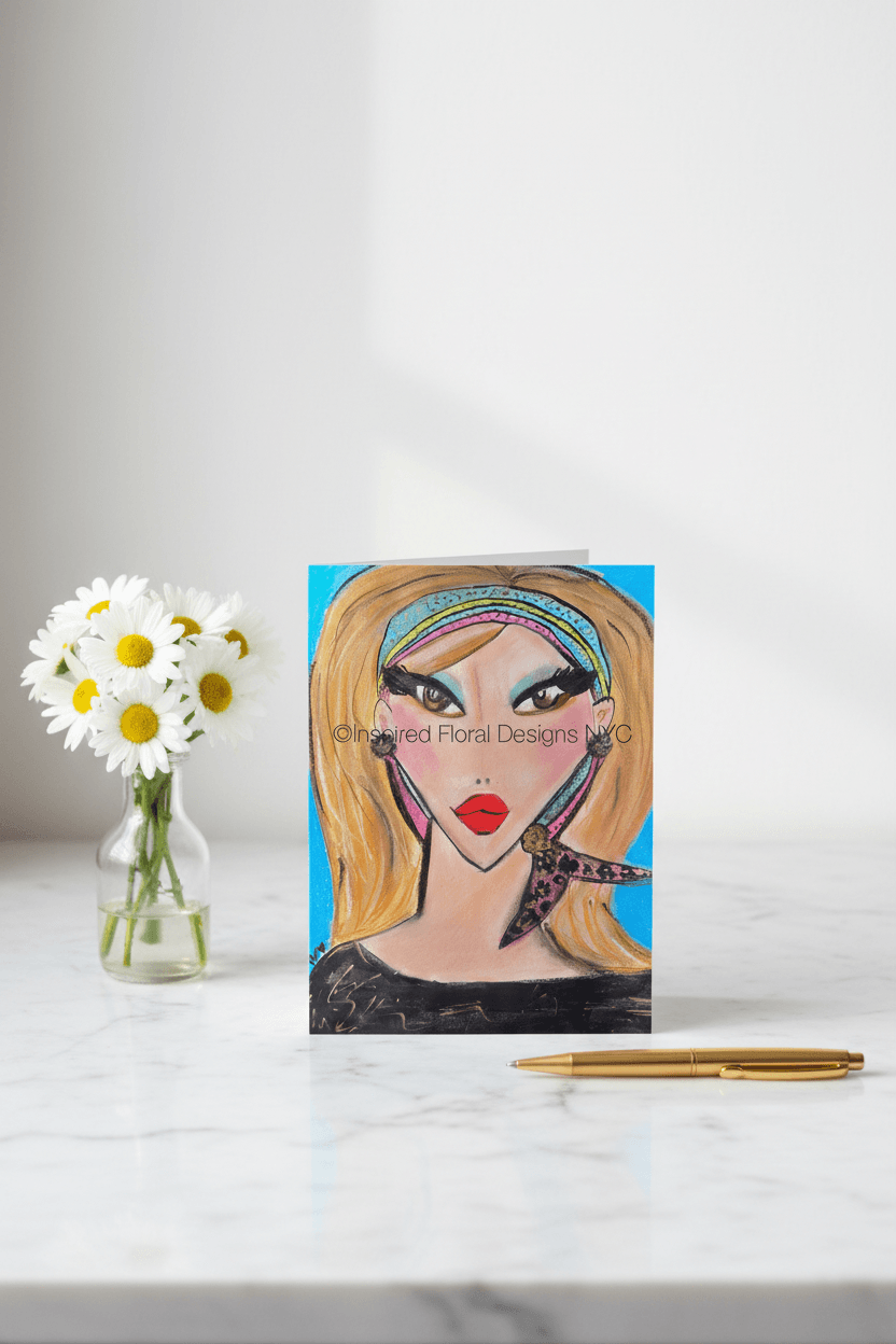 visages greeting card inspired floral designs nyc with white flowers in a vase and gold pen
