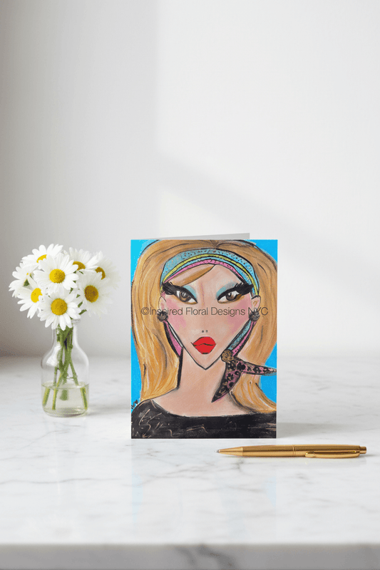 visages greeting card inspired floral designs nyc with white flowers in a vase and gold pen