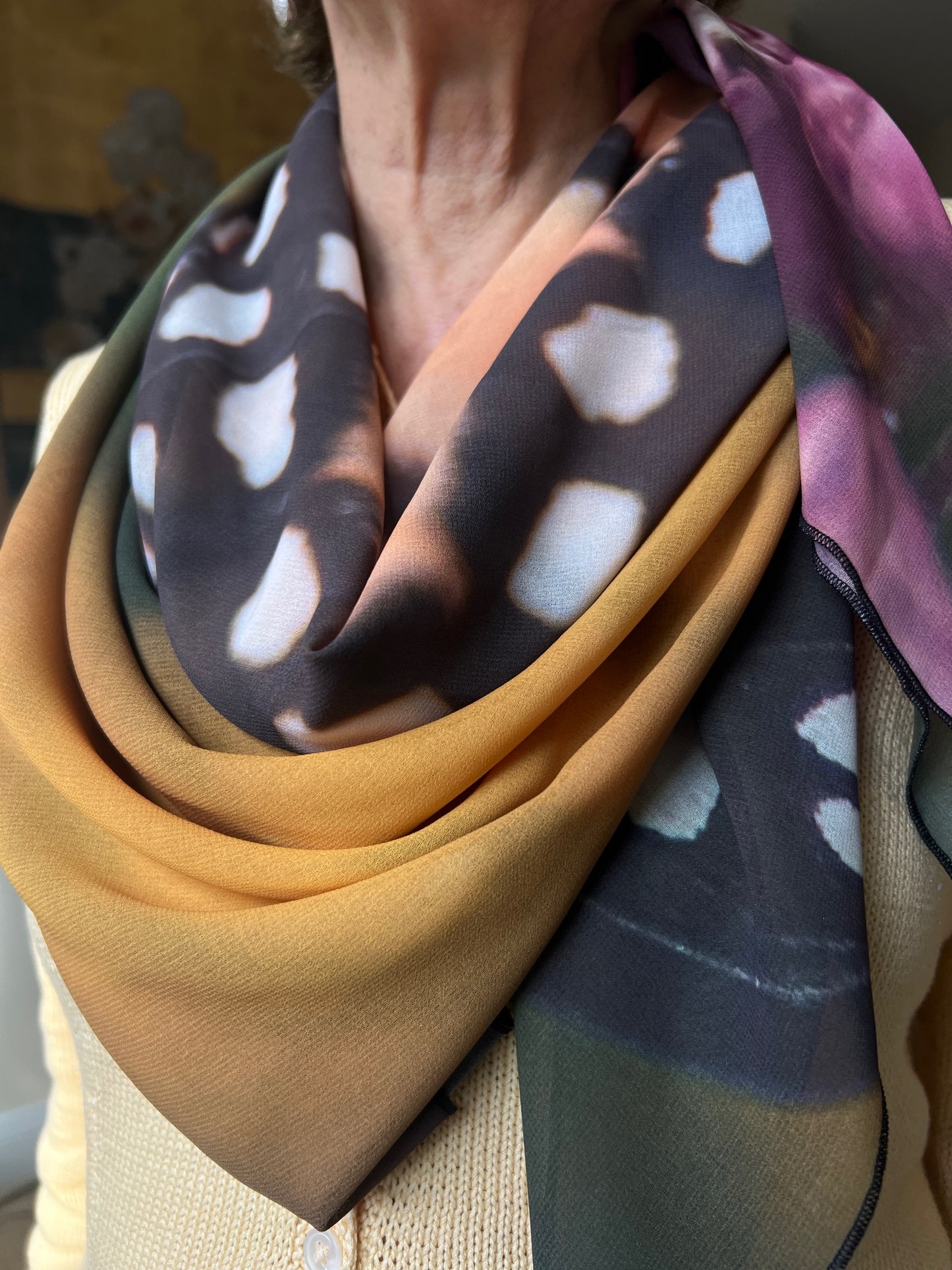 The colors are vibrant and perfect for a pop of color around the neck to add a little nature to your wardrobe. Sophisticated and elegant, these scarves are made from vegan georgette fabric that feels like silk, but with more durability