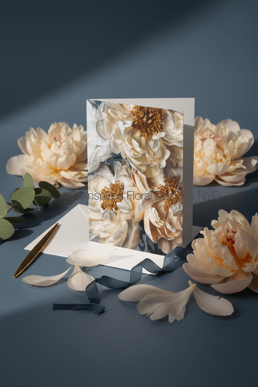 peonies greeting card by whitney at inspired floral designs nyc llc with flowers surrounding the card with a pen copyright