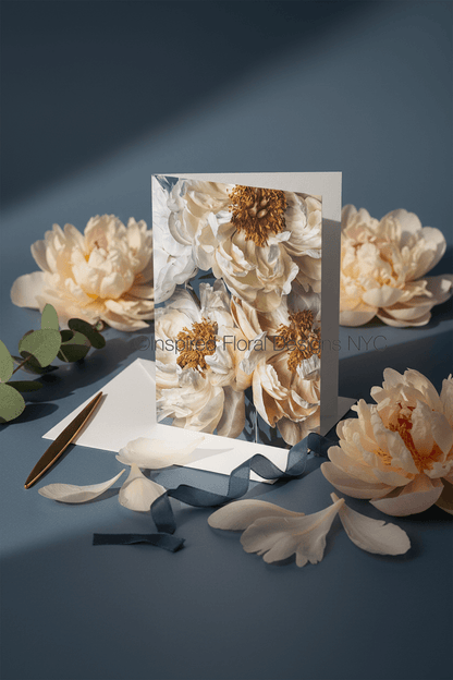 peonies greeting card by whitney at inspired floral designs nyc llc with flowers surrounding the card with a pen copyright