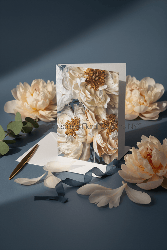 peonies greeting card by whitney at inspired floral designs nyc llc with flowers surrounding the card with a pen copyright