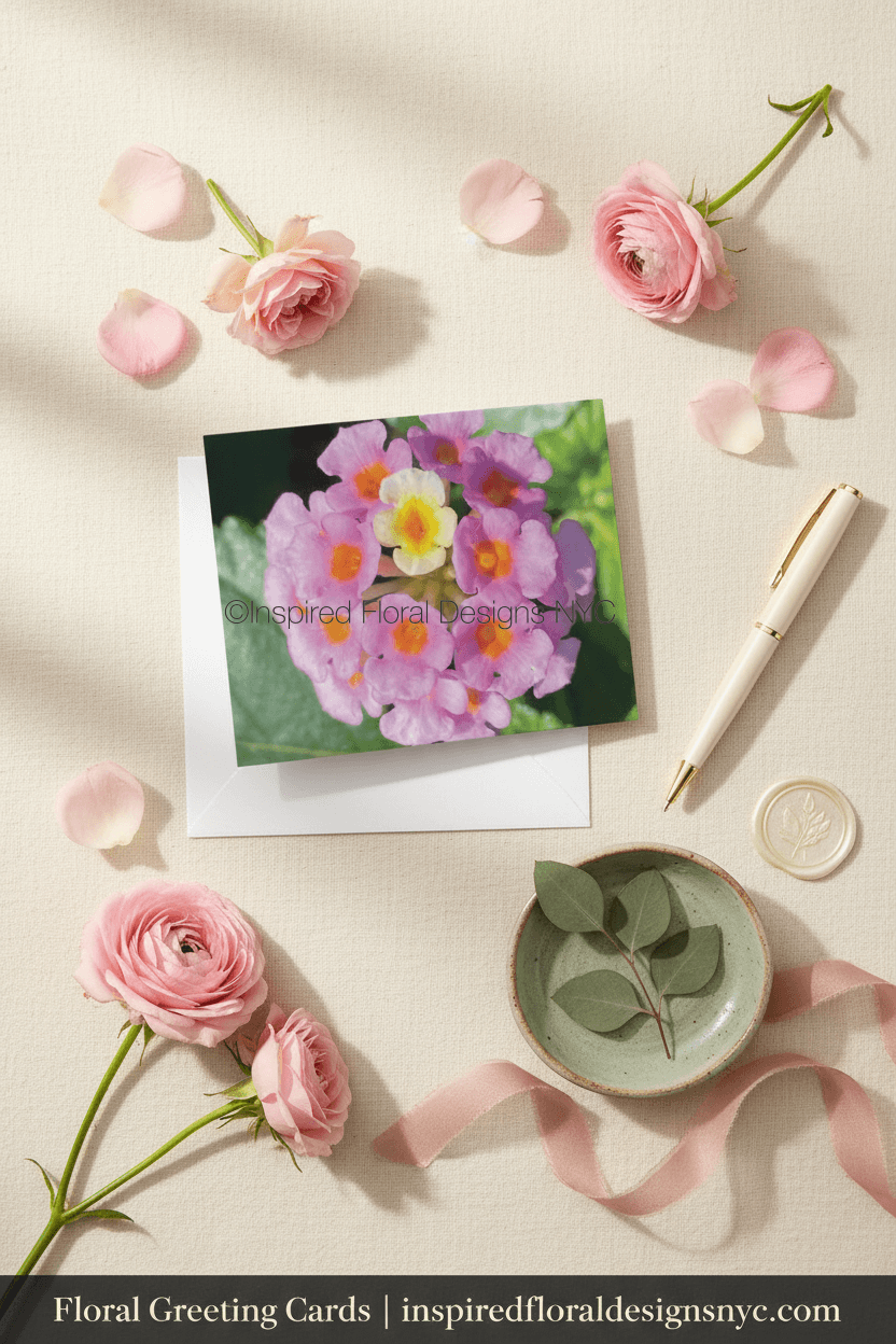 Floral greeting card with pink flowers  inspired floral designs nyc llc and a pen on a light background. copyright 