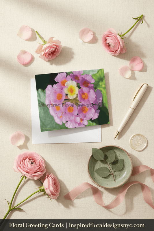 Floral greeting card with pink flowers  inspired floral designs nyc llc and a pen on a light background. copyright 