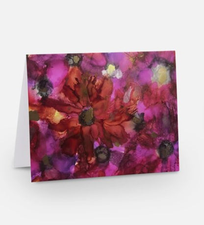 A greeting card featuring a vibrant, abstract floral design in red, pink, and purple hues, with a blank front for a personal message- painting by Whitney for inspired floral designs nyc titled Diva