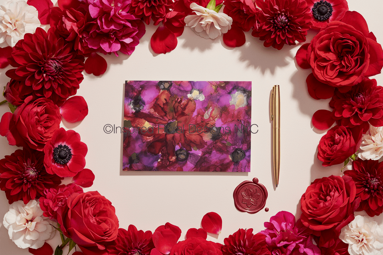 Decorative setup with red and white flowers, a painting greeting card titled diva in red inspired floral designs nyc llc a pen, and a seal on a beige background. copyright