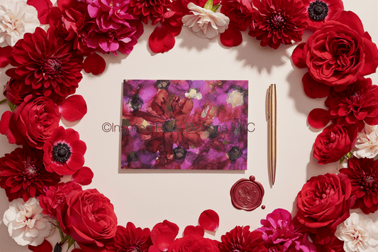Decorative setup with red and white flowers, a painting greeting card titled diva in red inspired floral designs nyc llc a pen, and a seal on a beige background. copyright