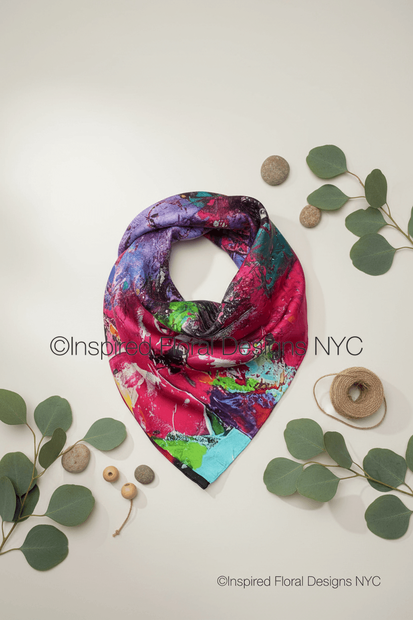 Colorful floral-patterned scarf by Whitney at Inspired Floral Designs NYC a white surface with green leaves and twine. 