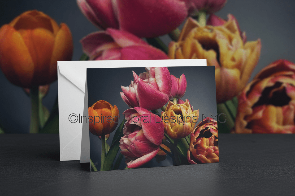 Greeting card with floral design in front of colorful tulips by whitney at inspired floral designs nyc llc copyright