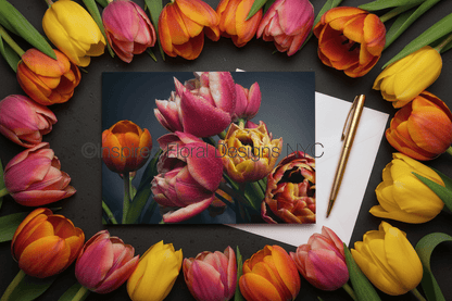 Colorful tulips arranged in a circular frame with a photo of tulips by whitney and a pen on a black background from inspired floral designs nyc llc copyright