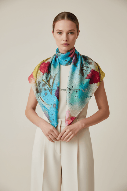 colorful scarf floral symphony inspired floral designs nyc llc on a woman wearing cream with a cream background copyright 