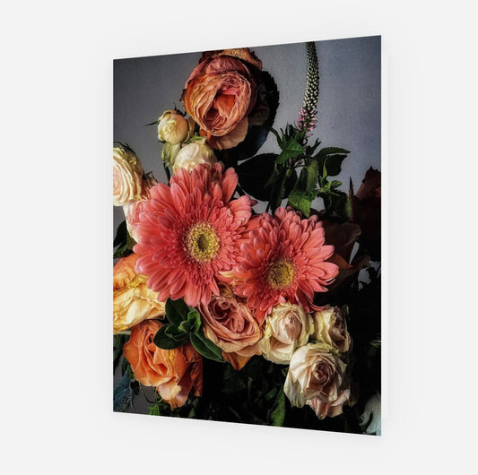 Floral arrangement with pink and orange flowers on a dark background- greeting cards