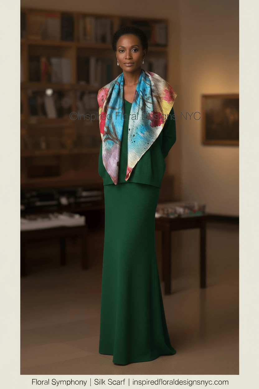 floral symphony scarf by inspired floral designs nyc draped on beautiful woman in emerald green dress with galley background copyright