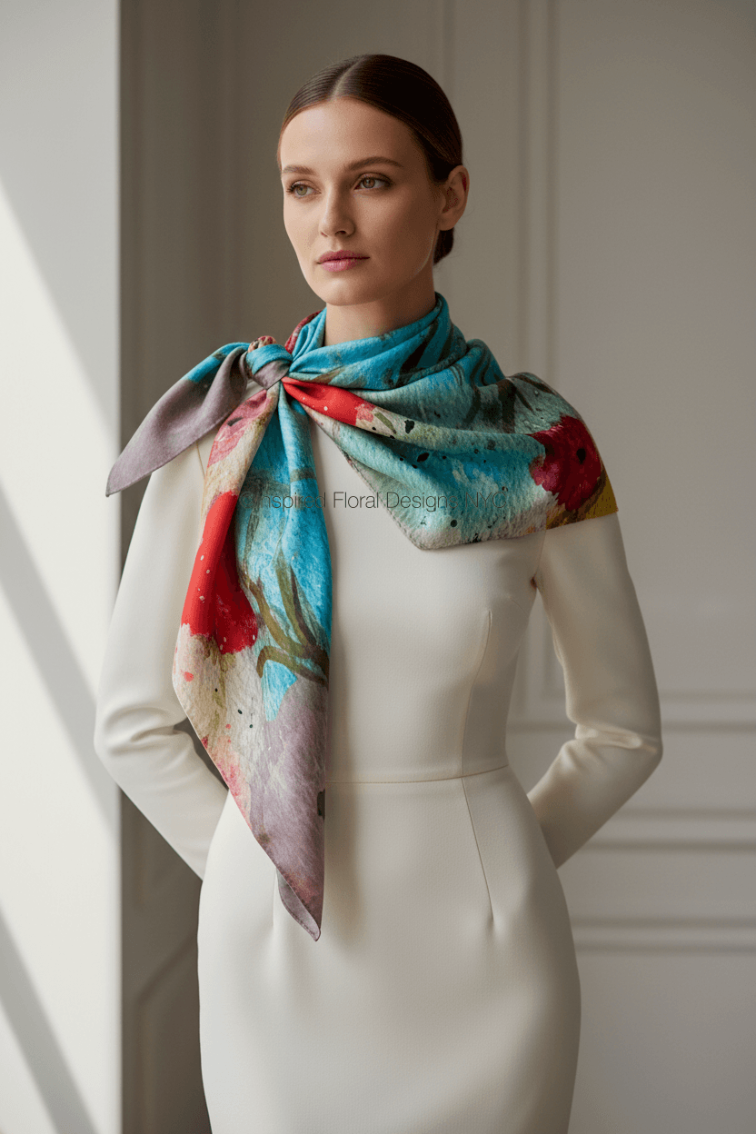 Woman wearing a colorful scarf floral symphony inspired floral designs nyc llc with a neutral background copyright