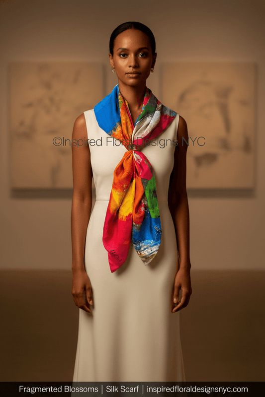 Woman wearing a colorful scarf fragmented blossoms by inspired floral designs nyc llc with a neutral background copyright