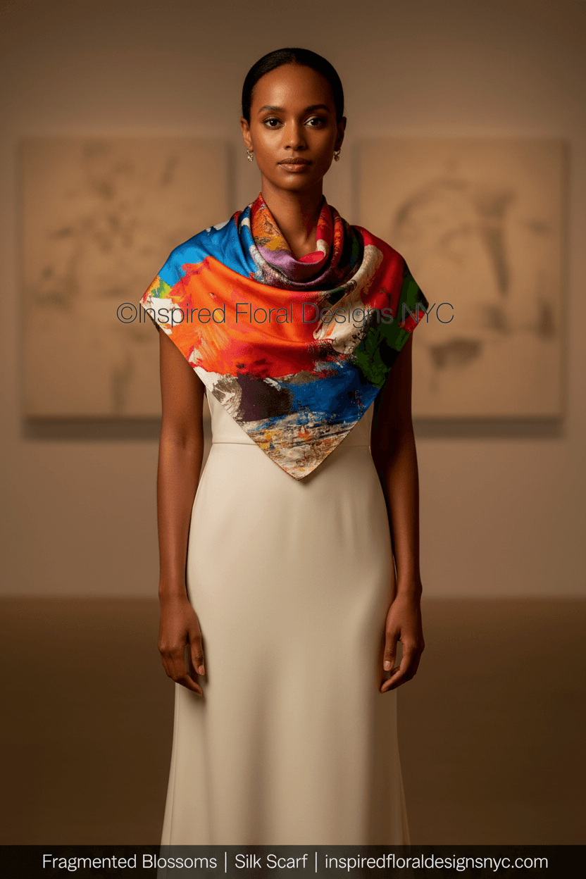 beautiful woman wearing abstract scarf fragmented blossoms inspired floral designs nyc draped over her shoulders copyright