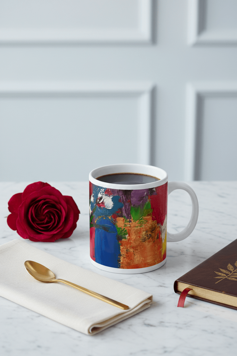 fragmented blossoms jumbo coffee mug inspired floral designs nyc with a red rose, spoon and napkin inspired floral designs nyc llc copyright 