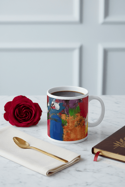 fragmented blossoms jumbo coffee mug inspired floral designs nyc with a red rose, spoon and napkin inspired floral designs nyc llc copyright 