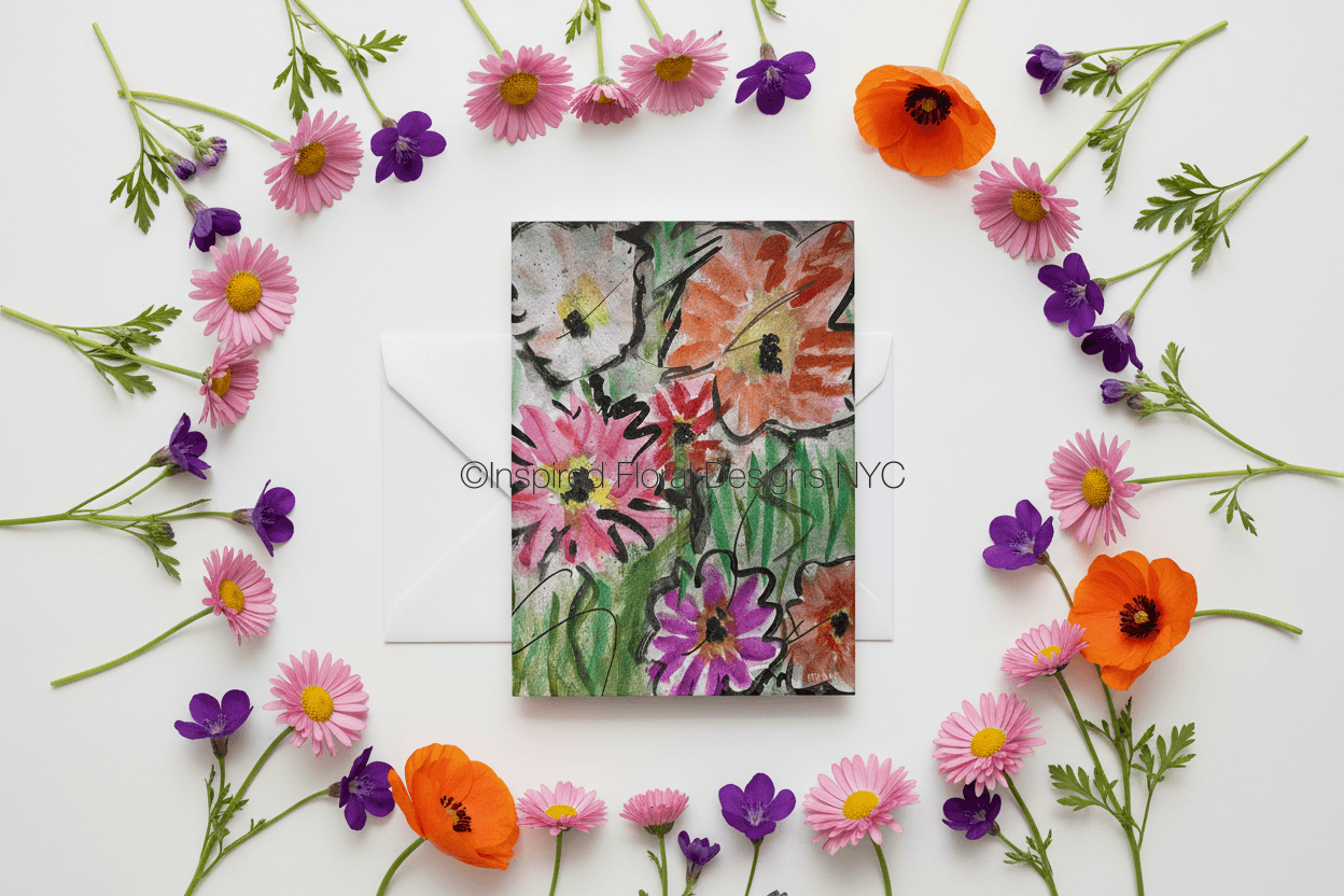Floral card by inspired floral designs nyc surrounded by colorful flowers on a white background copyright