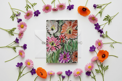 Floral card by inspired floral designs nyc surrounded by colorful flowers on a white background copyright