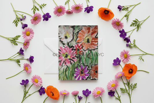 Floral card by inspired floral designs nyc surrounded by colorful flowers on a white background copyright