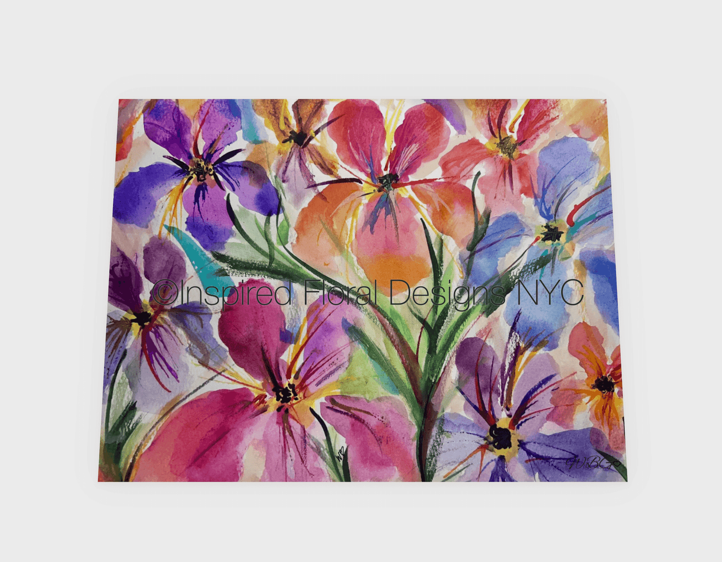 Colorful floral design with 'Inspired Floral Design NYC' text on a white background