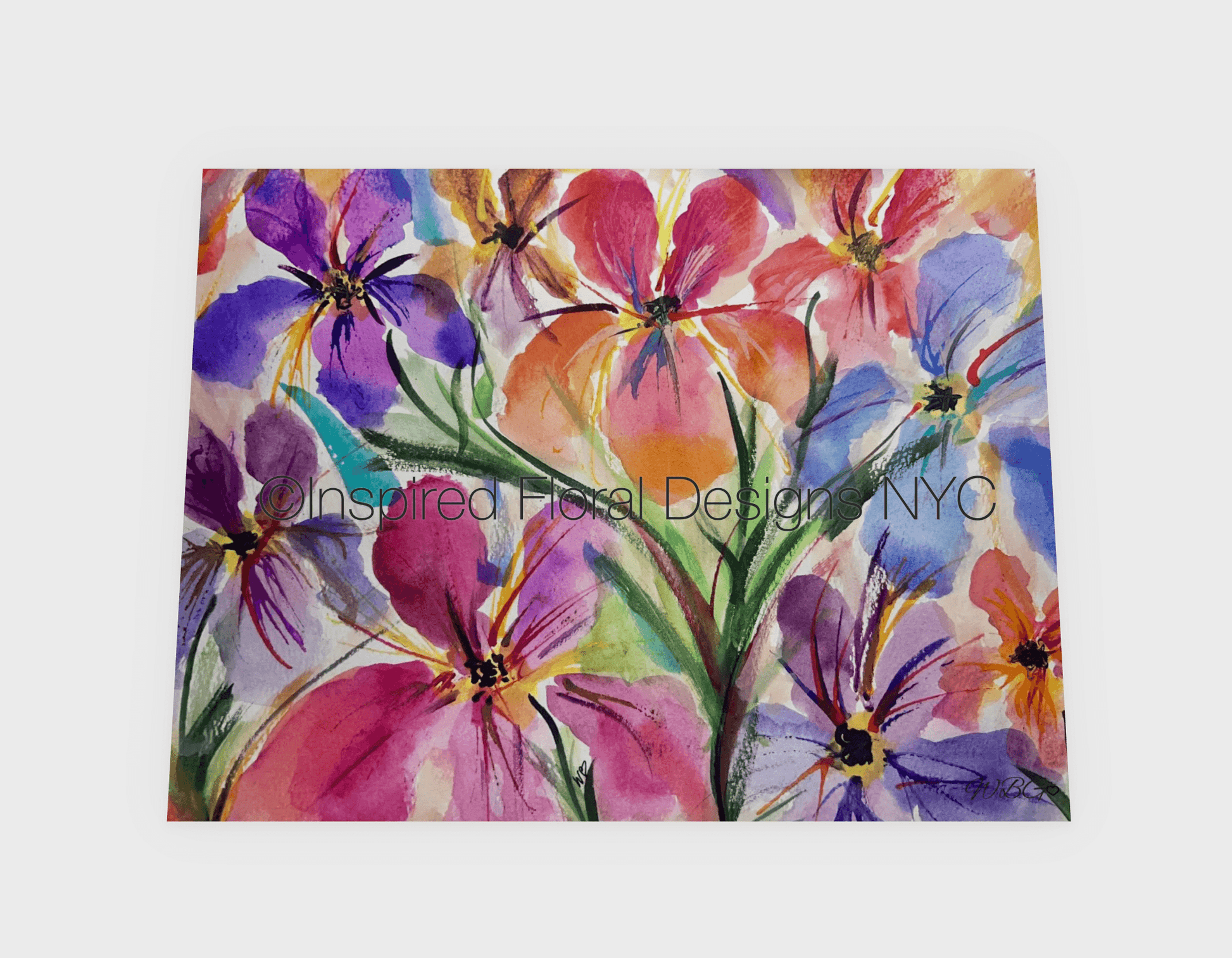 Colorful floral design with 'Inspired Floral Design NYC' text on a white background