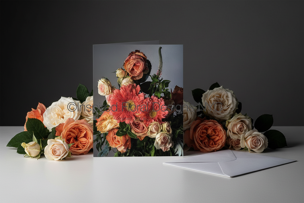 Floral arrangement with a card and envelope on a dark background