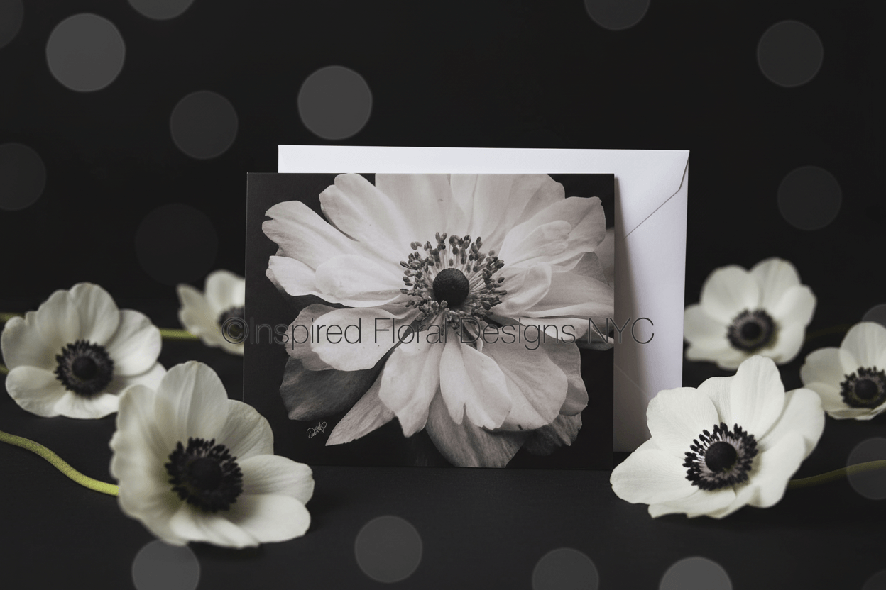 Floral card with white flowers on a black background by Whitney Inspired Floral Designs NYC Copyright 