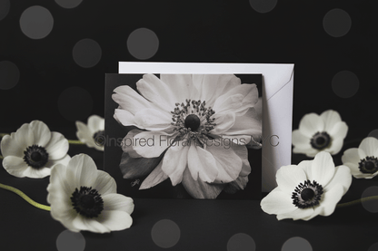 Floral card with white flowers on a black background by Whitney Inspired Floral Designs NYC Copyright 