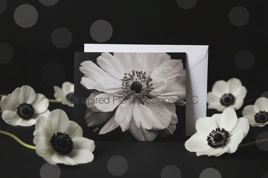 Floral card with white flowers on a black background by Whitney Inspired Floral Designs NYC Copyright 