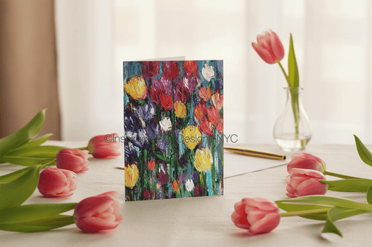 Colorful tulip painting by Whitney at Inspired Floral Designs NYC on a card with pink tulips around copyright
