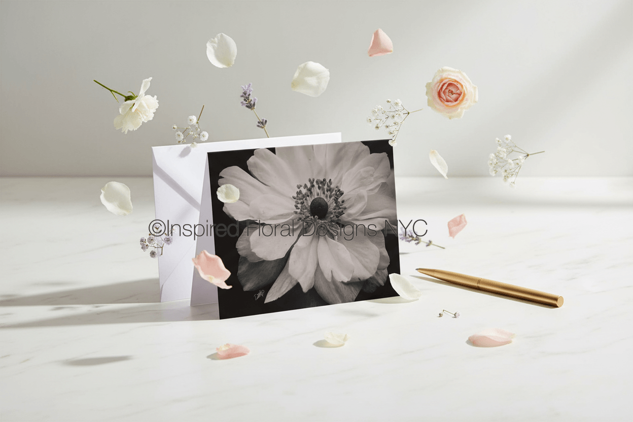 Floral card with a black and white flower design by Whitney on a light surface with scattered flowers by inspired floral designs nyc copyright.