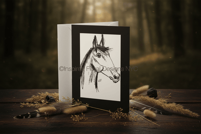 Card with horse illustration by Whitney on a wooden surface with natural elements inspired floral designs nyc LLC copyright