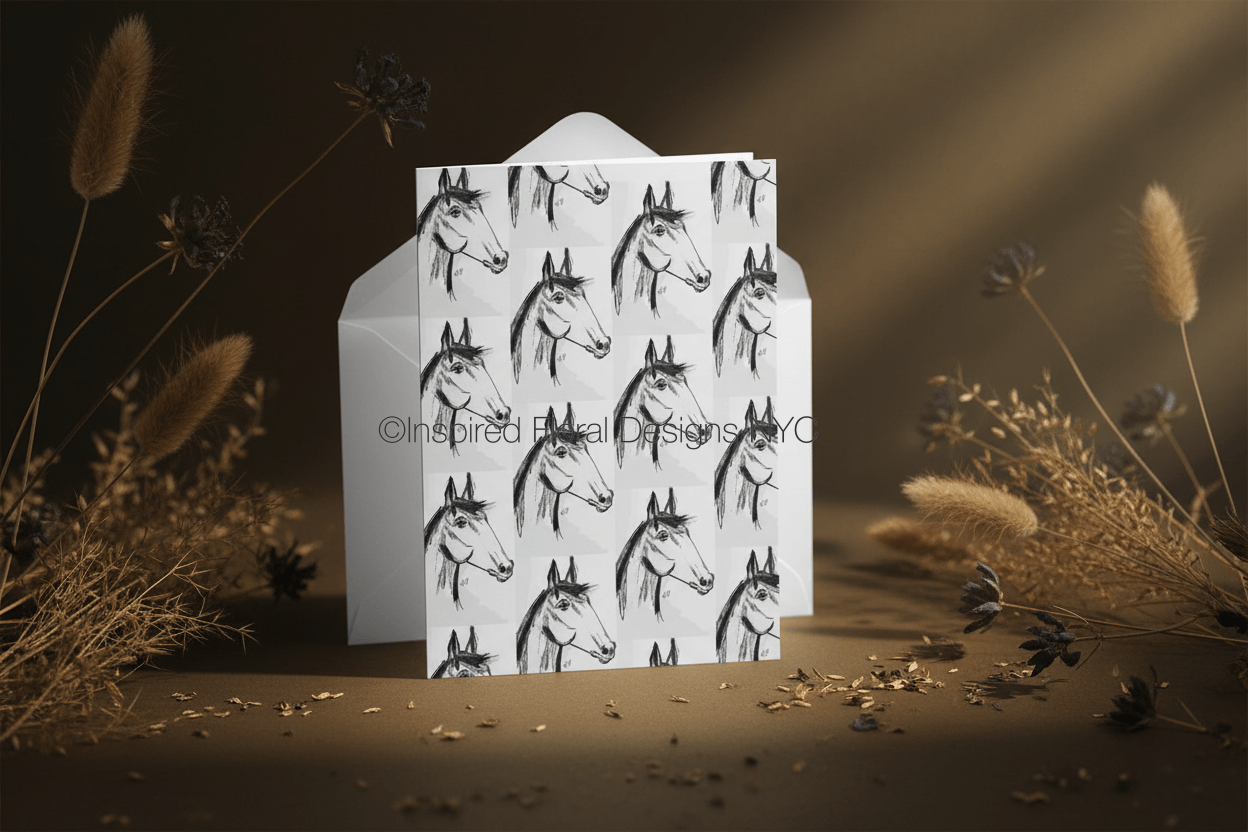 Card with horse pattern by whitney inspired floral designs nyc llc on a dark background with dried plants copyright