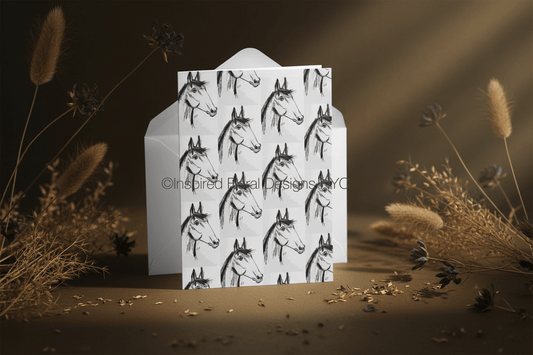 Card with horse pattern by whitney inspired floral designs nyc llc on a dark background with dried plants copyright