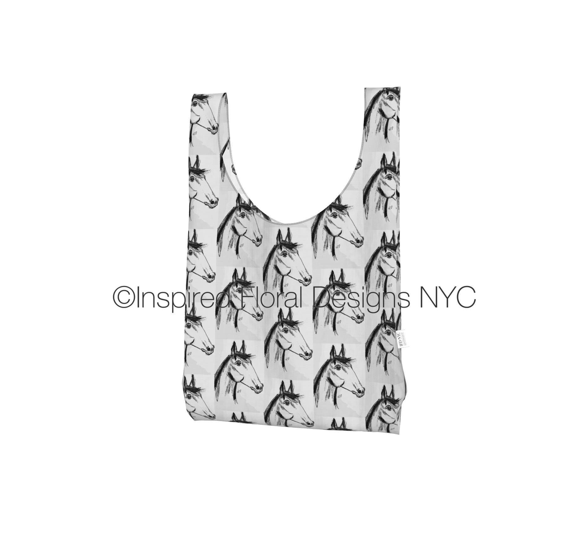 Reusable bag with horse pattern by Whitney on a white background, featuring the brand 'Inspired Floral Designs NYC'.