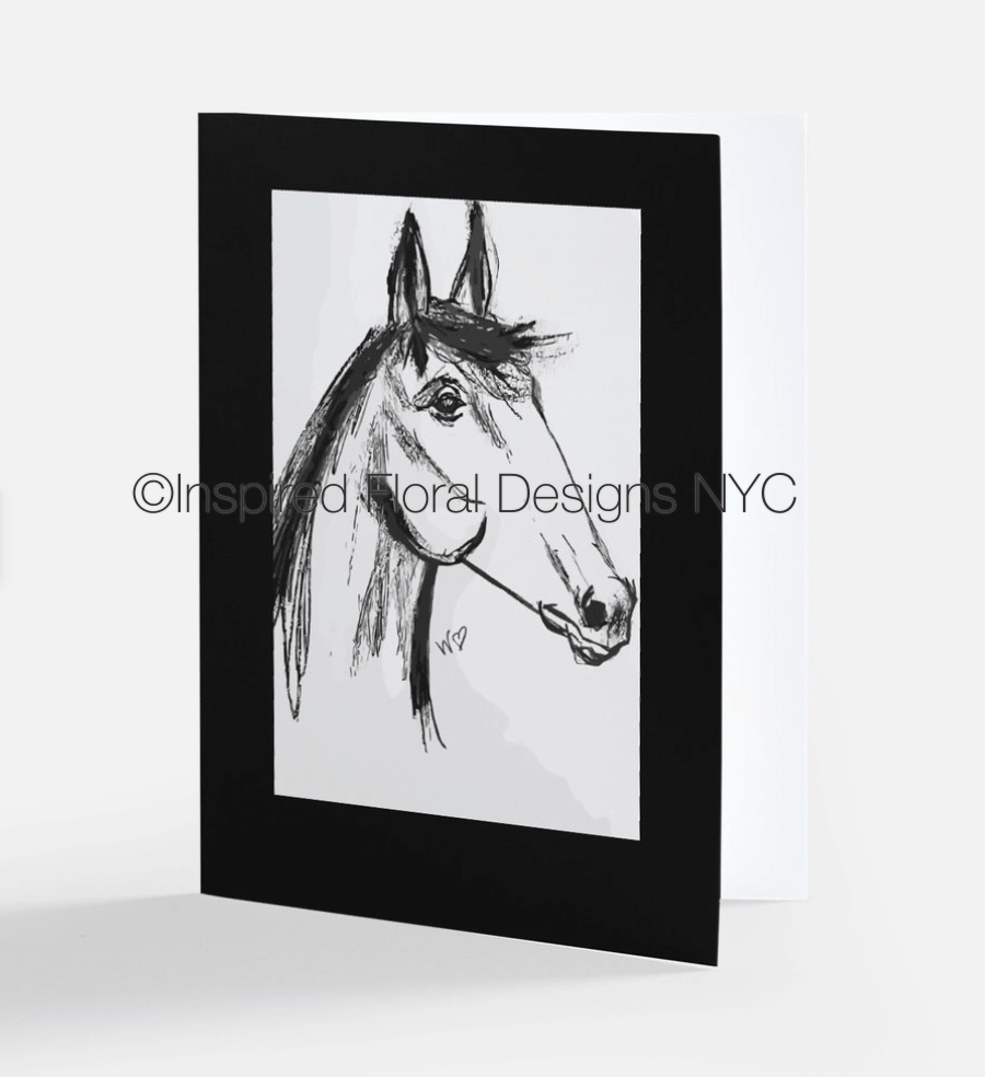 Framed black and white drawing of a horse's head by Whitney from Inspired Floral Designs NYC LLC on a white background