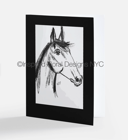 Framed black and white drawing of a horse's head by Whitney from Inspired Floral Designs NYC LLC on a white background