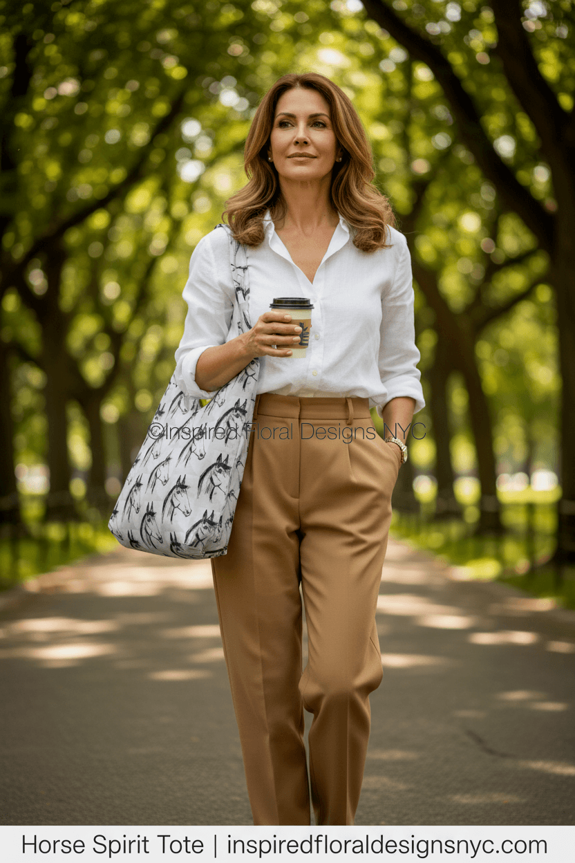 Woman walking outdoors holding a coffee cup and a patterned horse tote bag by inspired floral designs nyc llc copyright