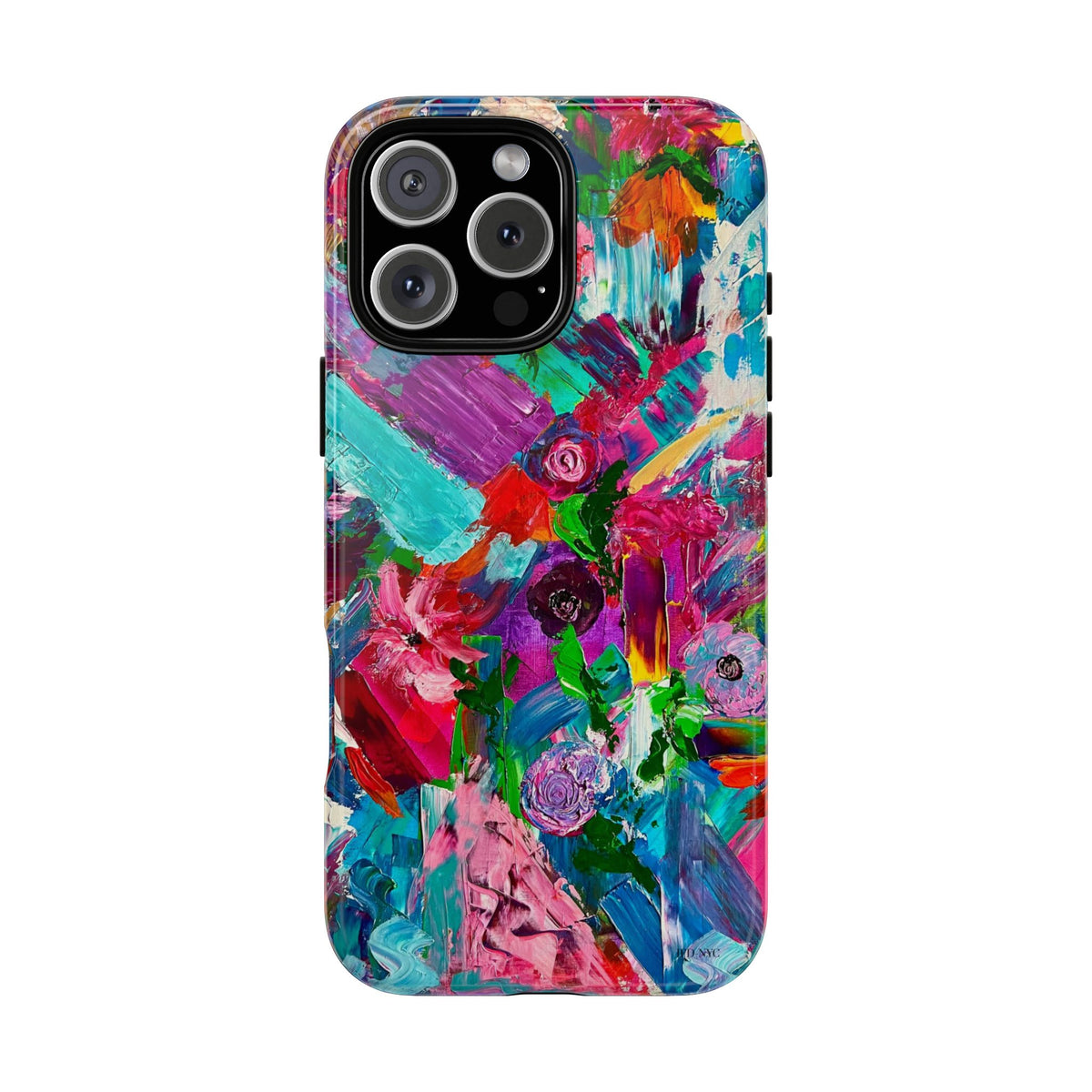 A protective phone case featuring a vibrant, colorful abstract floral painting design with thick brushstrokes of pink, blue, purple, and green, shown on a plain white background. iphone 16 pro max