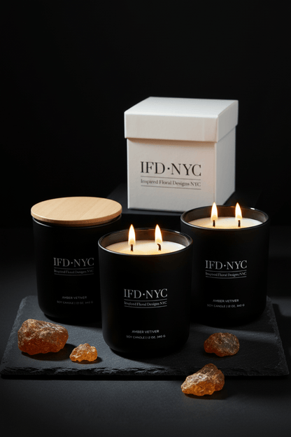 IFD NYC candles with a white box on a dark background