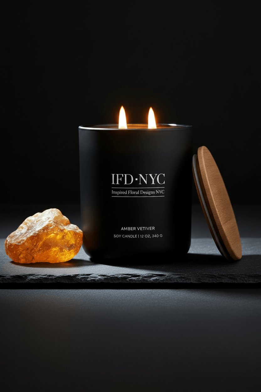 Black candle with 'IFD NYC' branding on a dark background