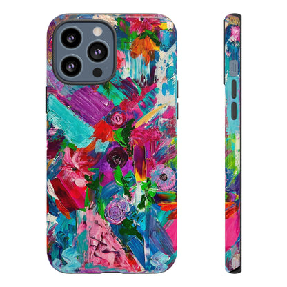 Colorful abstract phone case with floral design on a white background by Inspired Floral Designs NYC