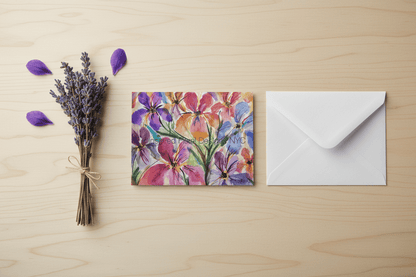 Floral card with a bouquet of lavender on a wooden surface