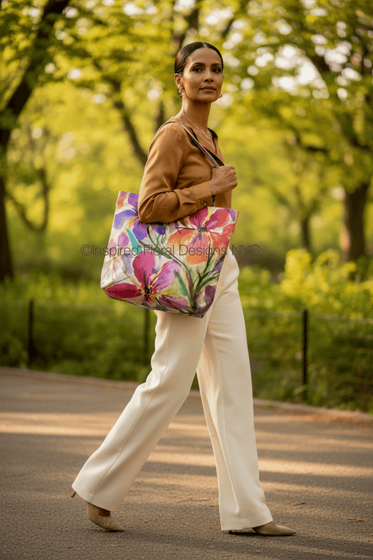 Woman walking outdoors holding a colorful floral tote bag iris social inspired floral designs nyc copyright