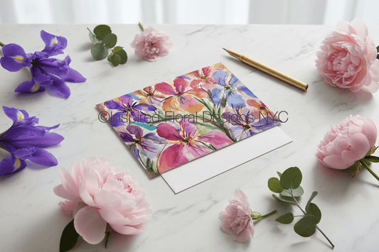 Floral card with watercolor flowers surrounded by real flowers on a marble surface