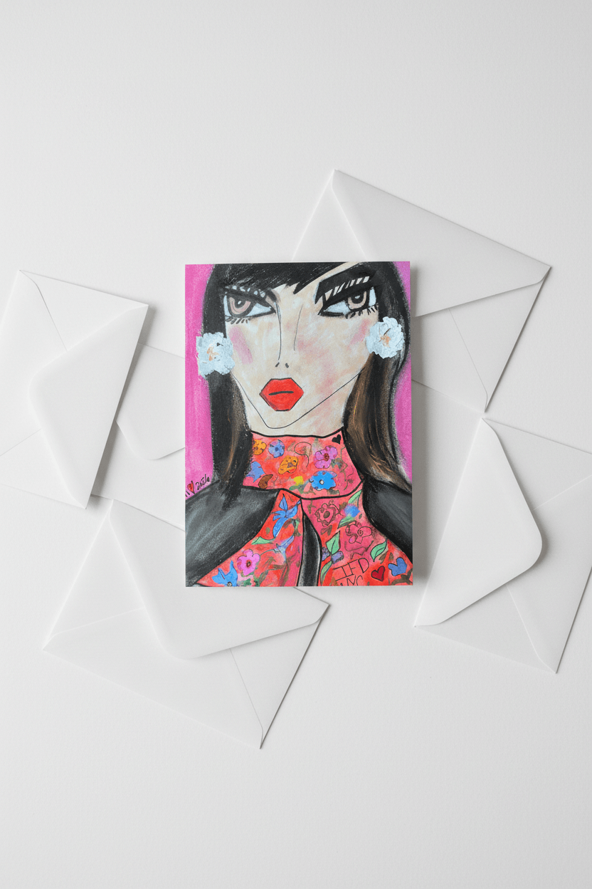 Card with a stylized illustration of a woman's face on a white background by whitney inspired floral designs nyc llc copyright